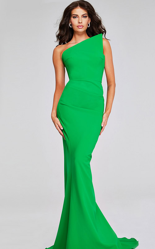 Model wearing Jovani 40301 green gown with one-shoulder neckline, front view.