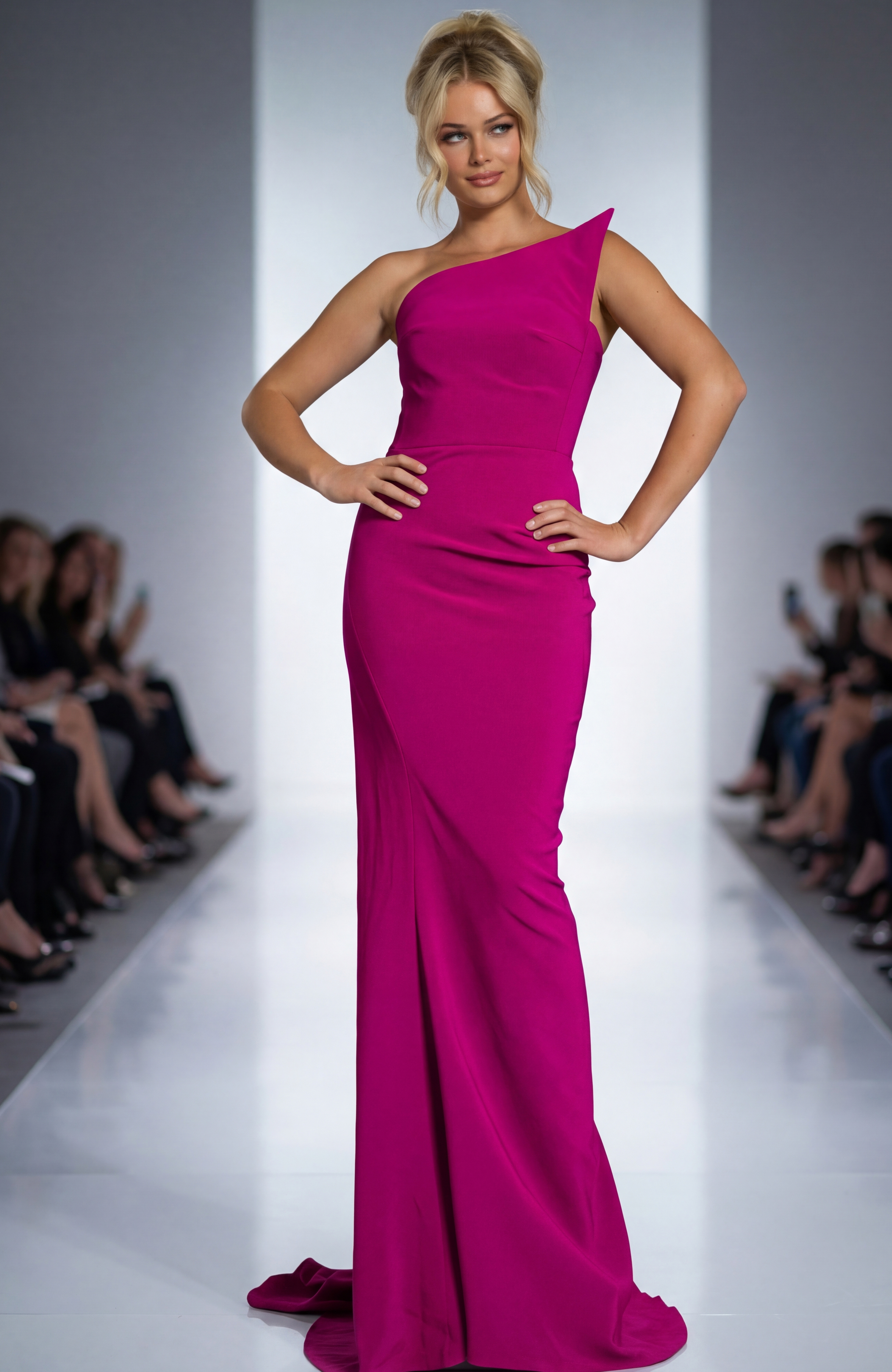One shoulder fitted gown with clean lines, structured bodice, and a smooth floor length silhouette creating a modern, elegant look