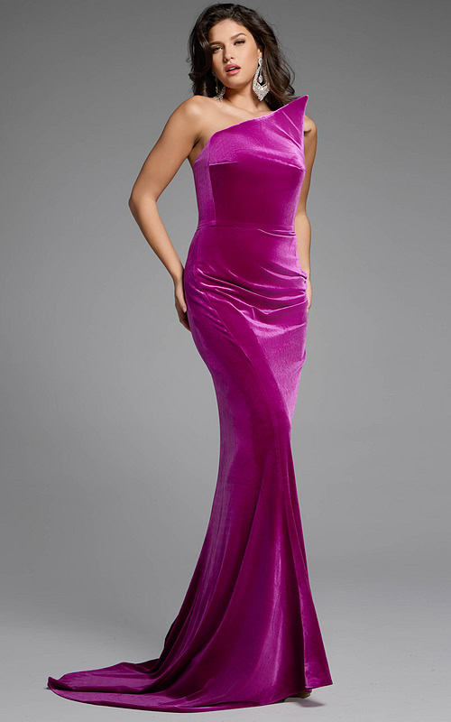 Full-length one-shoulder velvet gown with elegant drape