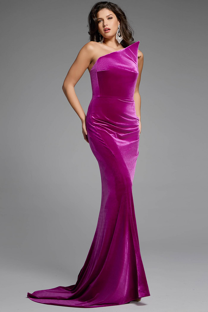 Full-length one-shoulder velvet gown with elegant drape