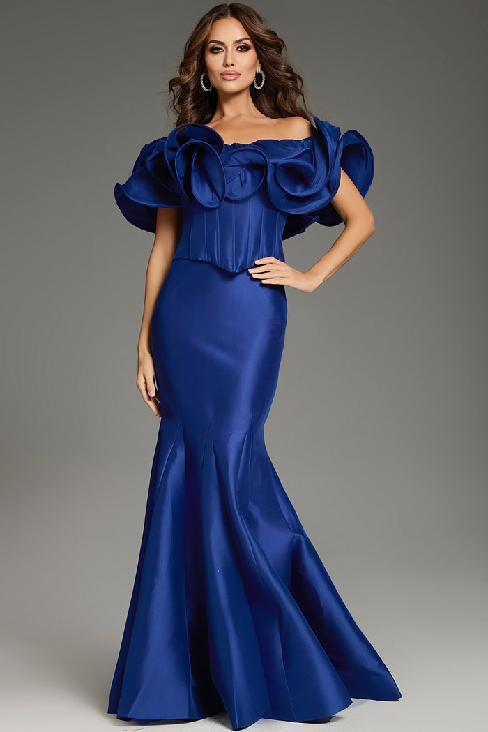 Close-up of model wearing Jovani 40324 purple gown with dramatic ruffle details