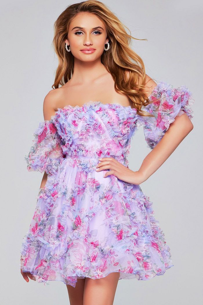 model wearing 40330 lilac mini dress front view close-up
