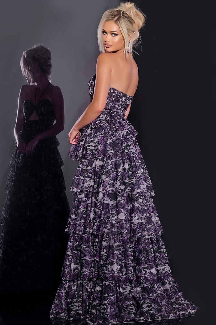 Model wearing Jovani 40423 dress showcasing the back with floral print in purple.