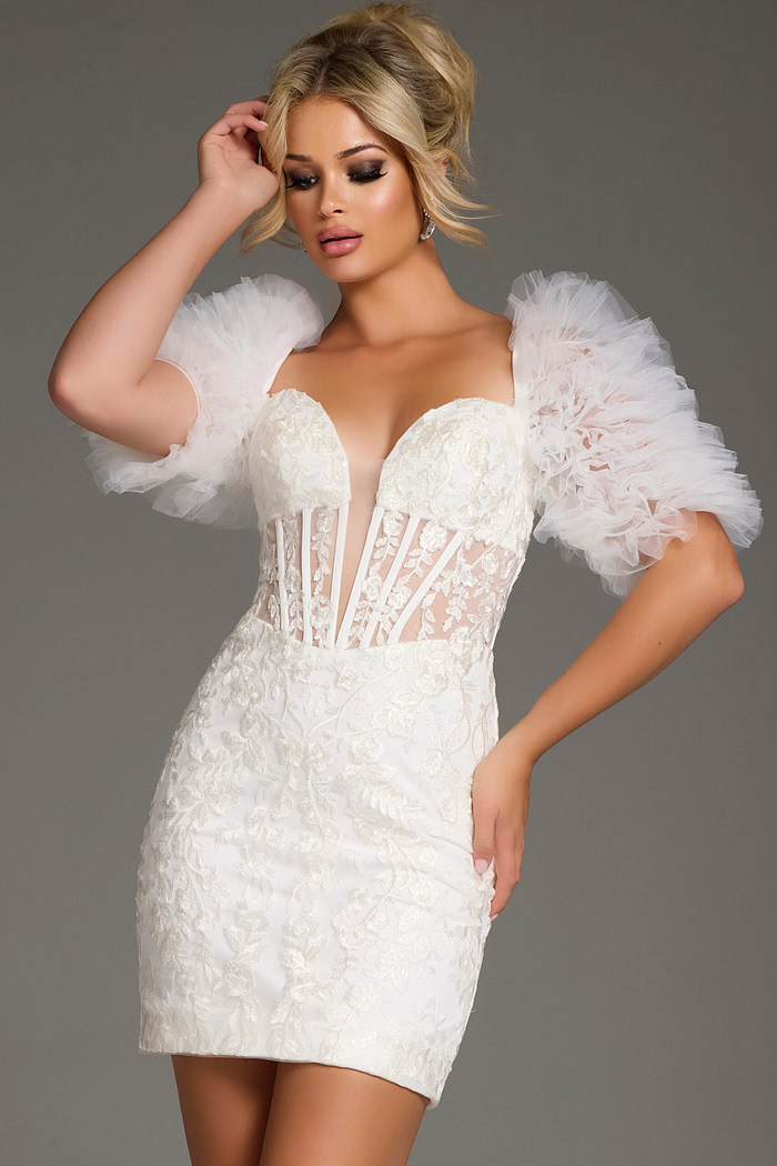 Front view of Jovani 40426 mini dress highlighting puff sleeves and sweetheart neckline in white.