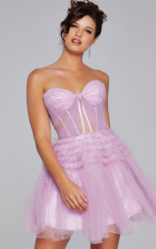 Model wearing Jovani 40467 lilac dress with sweetheart neckline and sheer paneling, front view