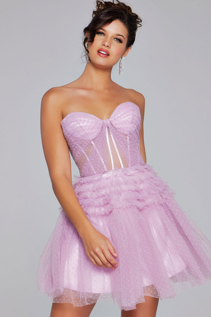 Model wearing Jovani 40467 lilac dress with sweetheart neckline and sheer paneling, front view