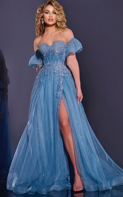 Model wearing Jovani 40474 blue gown with sweetheart neckline and puff sleeves.