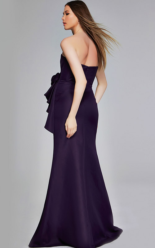 Model wearing Jovani 40592 back view in purple gown