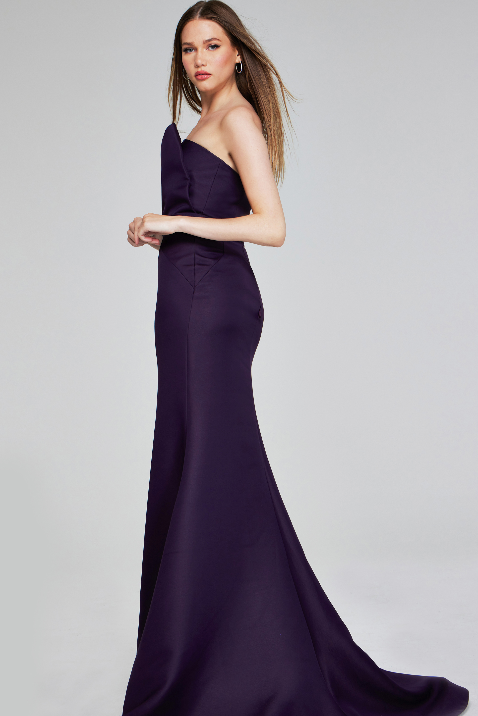 back view of model in Jovani 40598 purple mermaid gown