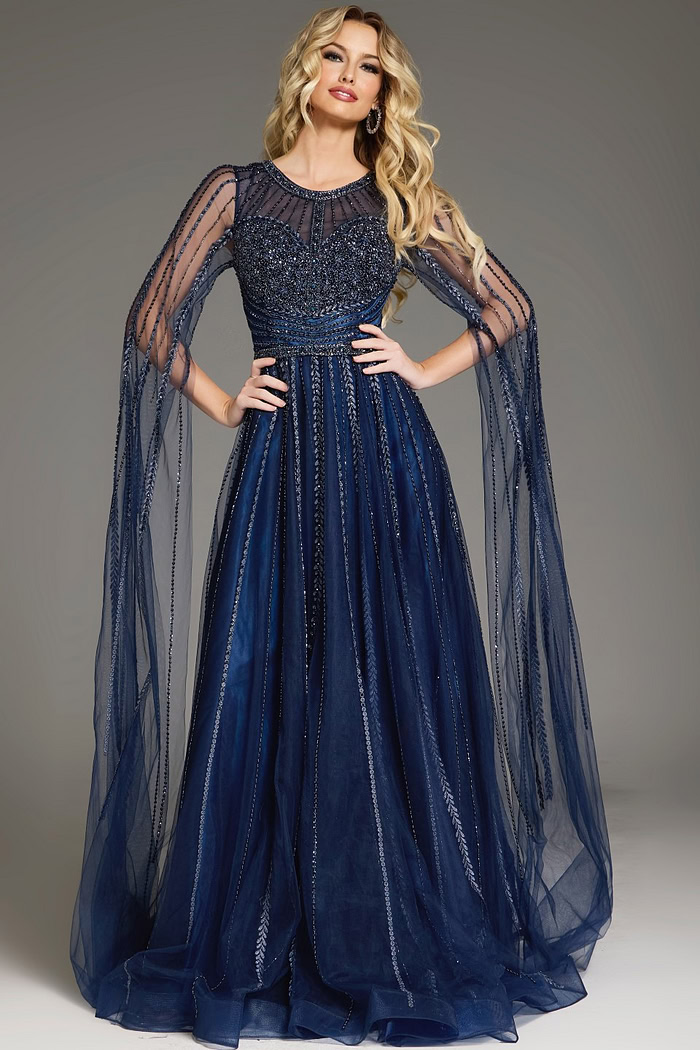 Front view of Jovani 40629 navy gown showcasing intricate beadwork.
