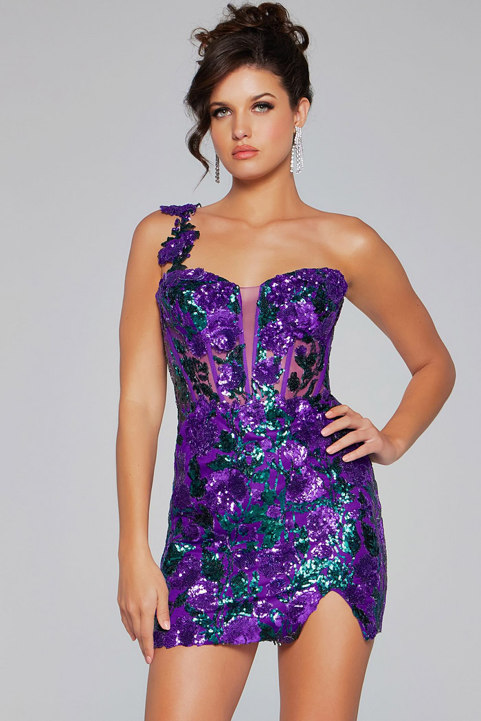 Model wearing Jovani 40647 purple dress with asymmetrical neckline and sequin embellishments, front view.