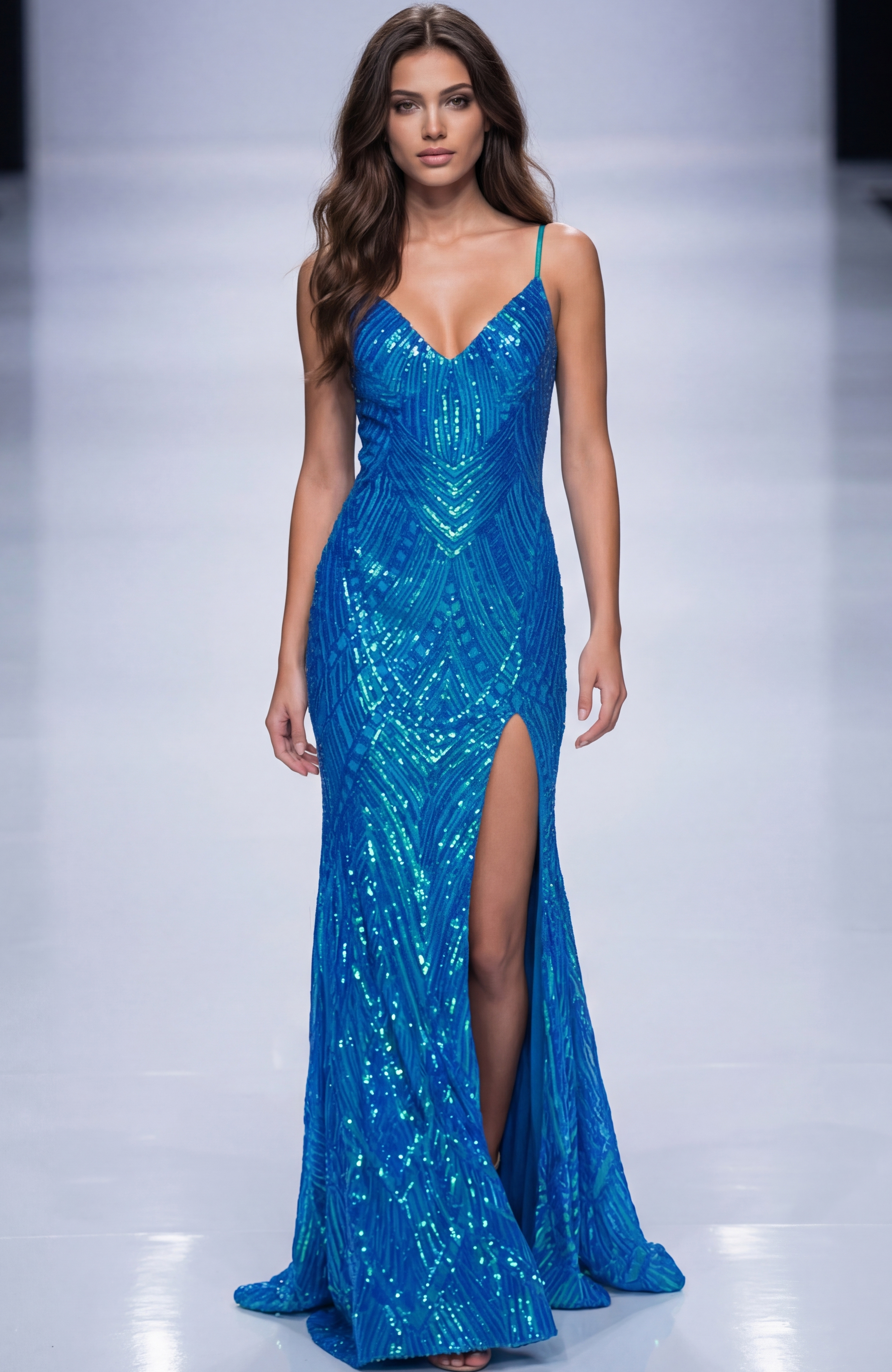 Fitted sequin gown with thin straps, plunging neckline, geometric beading, and a thigh high slit creating a sleek, sculpted silhouette