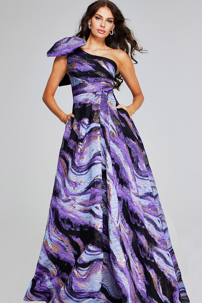 model wearing Jovani 40695 purple gown, frontal view showcasing A-line silhouette