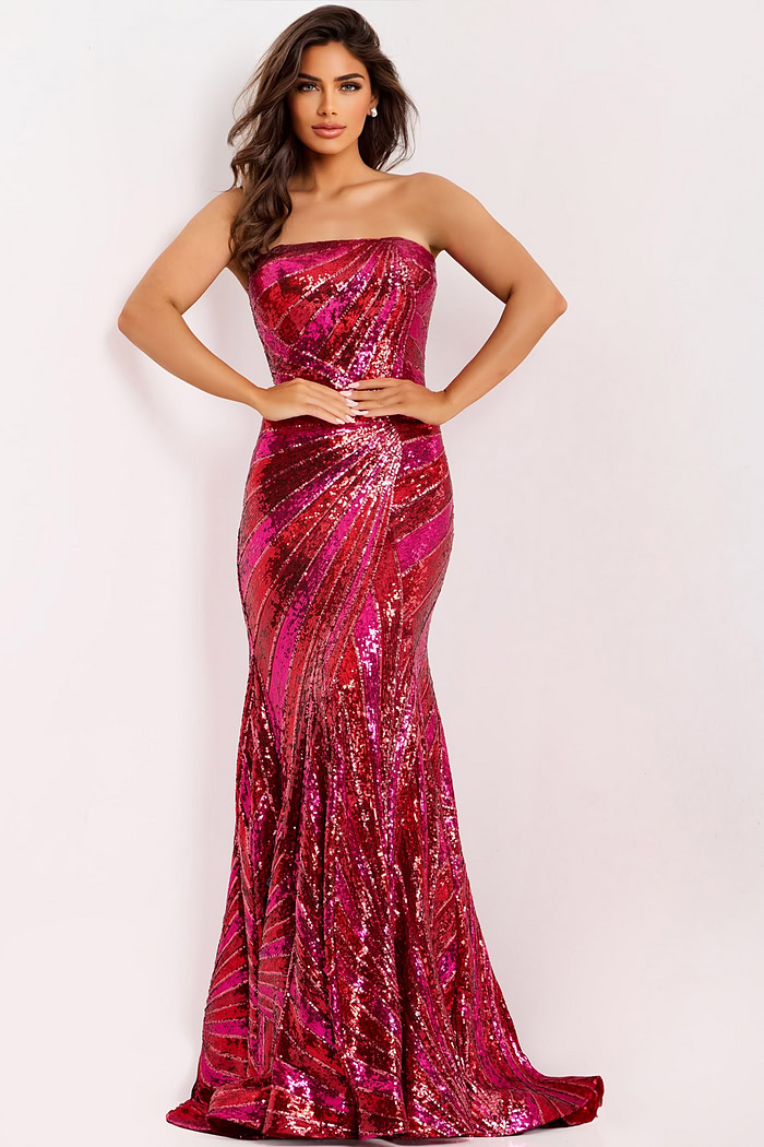 Red and pink strapless sequin prom dress