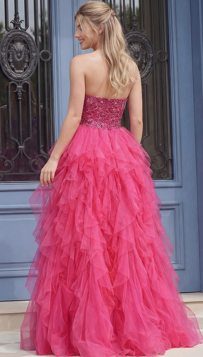 Back view of a strapless evening gown with a beaded bodice and full tiered skirt