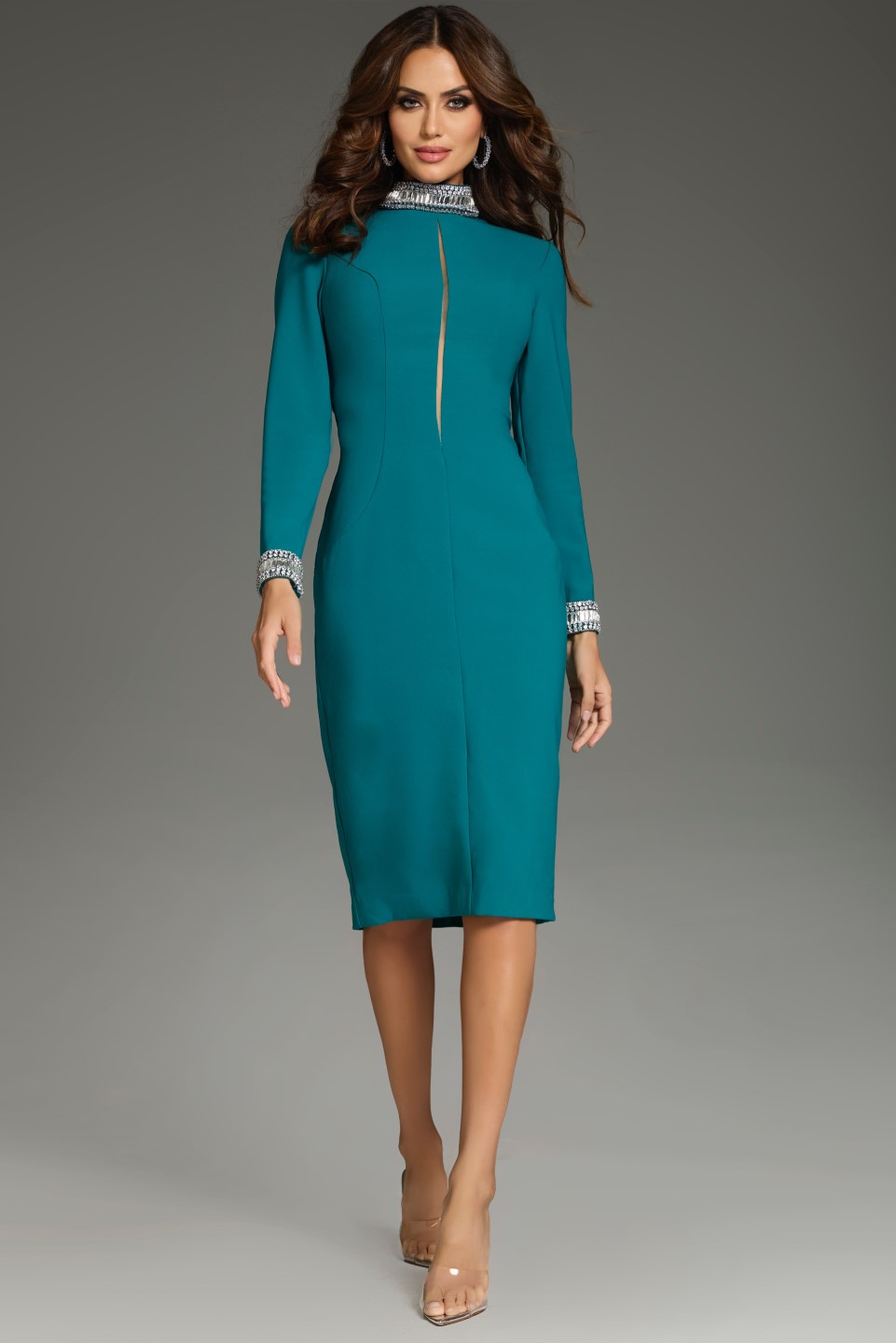 Model wearing Jovani 40910 blue dress with embellished neckline, full length front view.