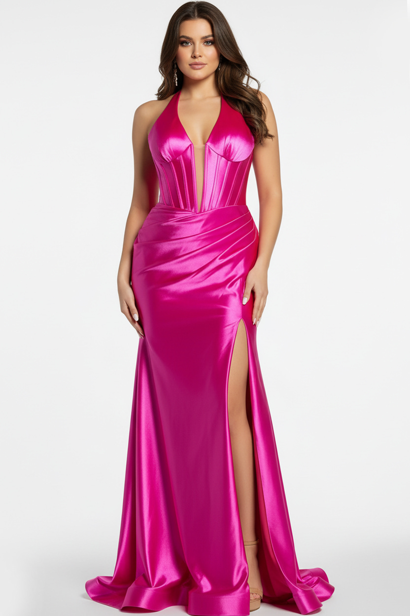 fuchisa corset bodice plunging neckline dress 41012