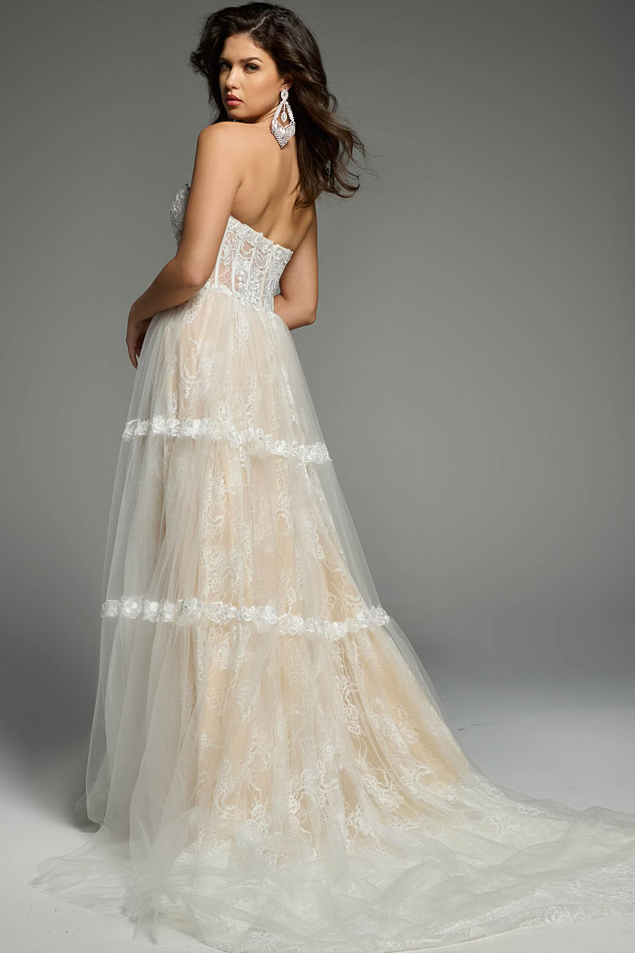Back View Of Tiered Tulle Bridal Gown With Sheer Corset Bodice