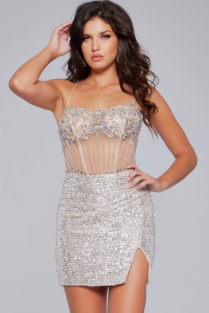 Model wearing Jovani 41090 front view with hand on hip.
