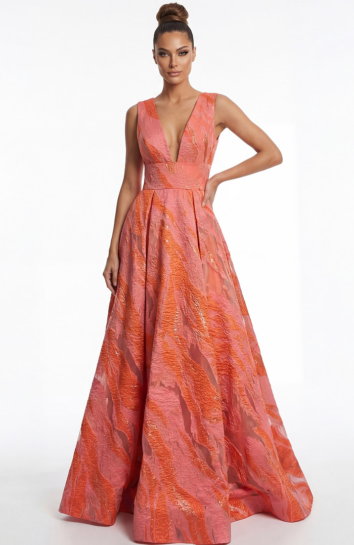 textured A line gown with deep V neckline and draped bow detail