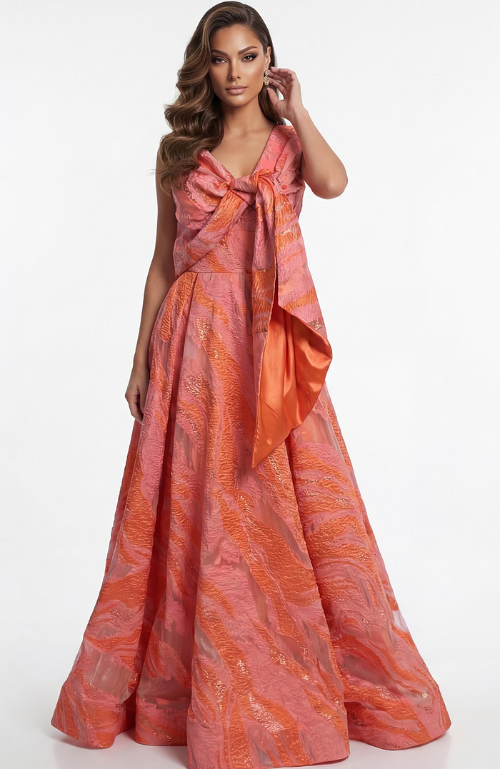 textured A line gown with defined waist and flowing structured skirt