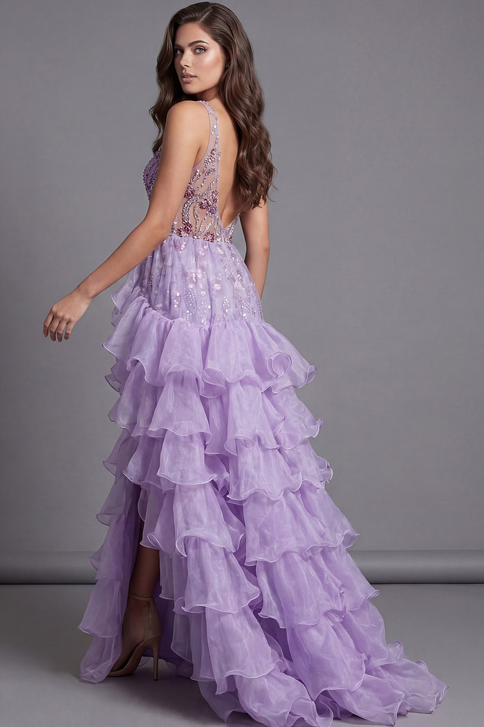Open back embellished gown with layered ruffle skirt