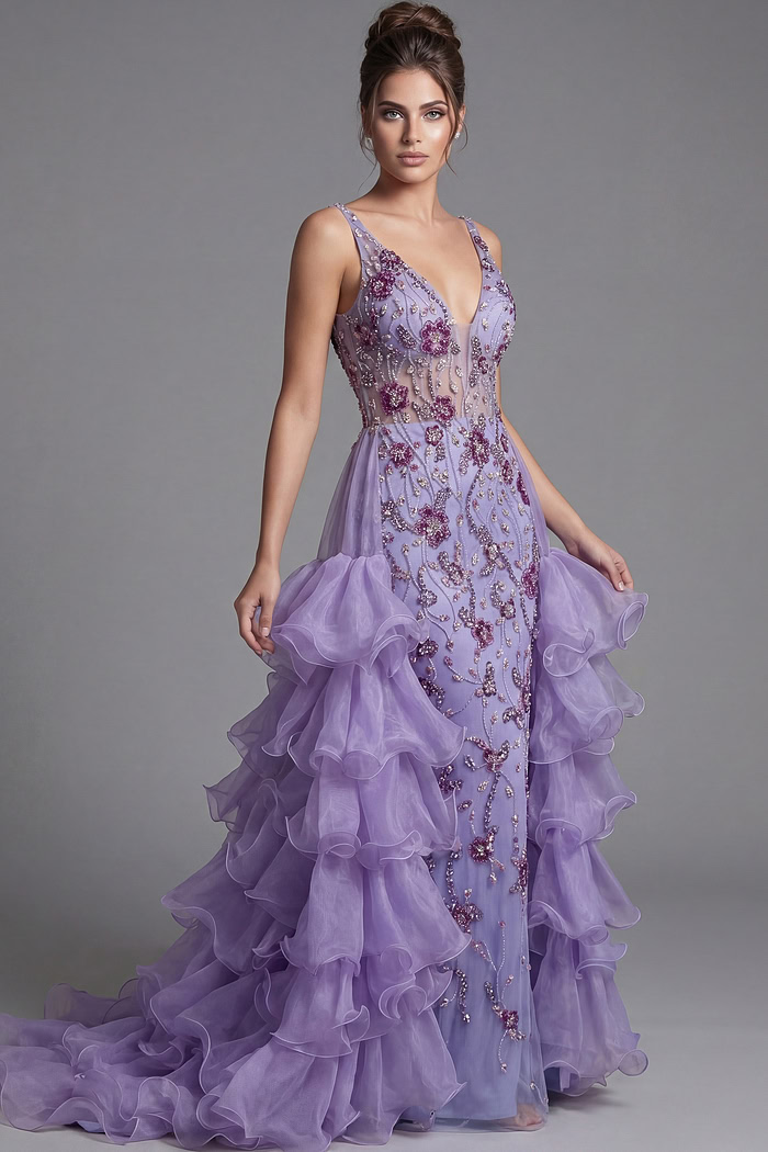 Embellished Ruffle High Low Evening Gown with Plunge Neckline