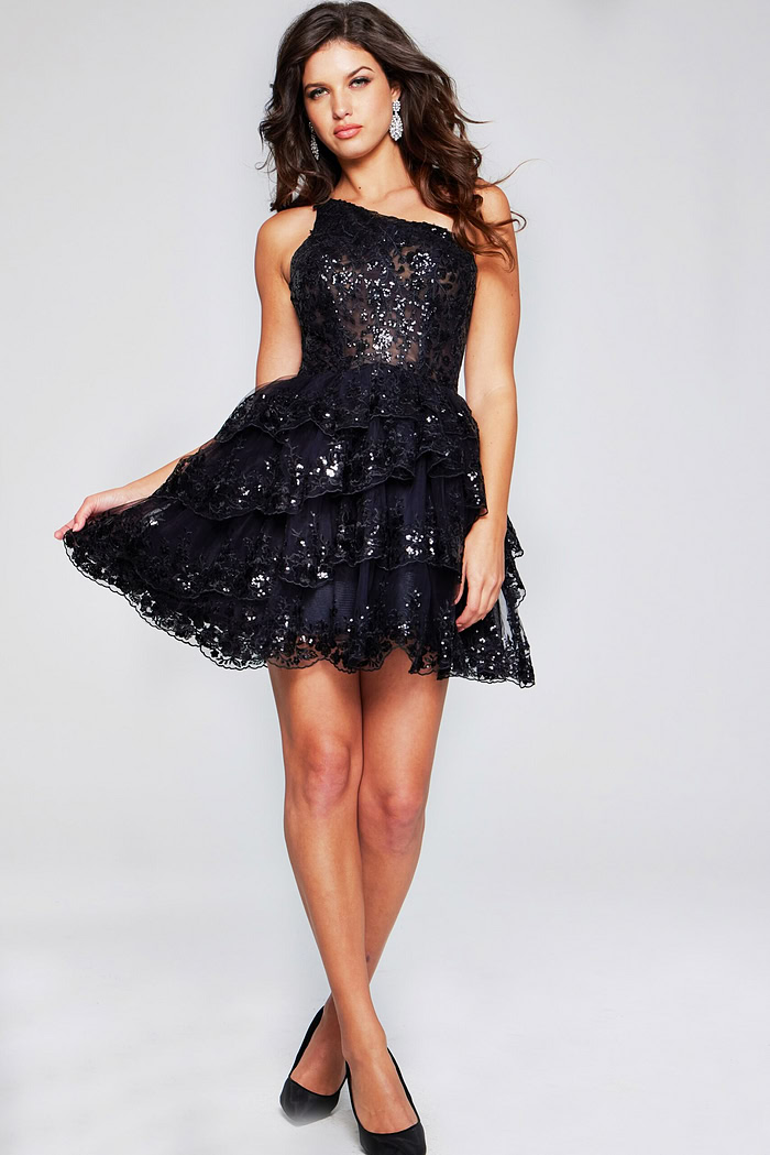 Front view of Jovani 42016 dress in black, featuring a one-shoulder neckline and sequin lace detailing.