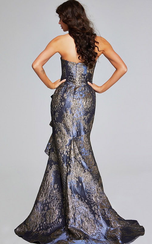 model wearing Jovani 42028 gunmetal gray gown back view