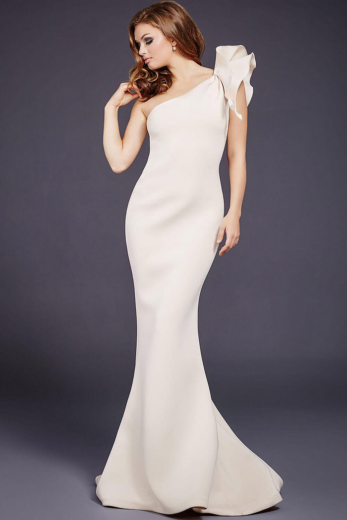 Front view of Jovani 32602 ivory gown with elegant mermaid design