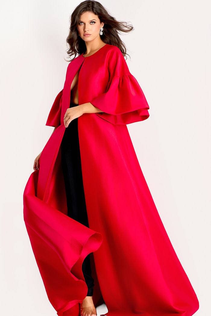 Dramatic floor-length cape with flared sleeves and open front design in rich satin fabric.