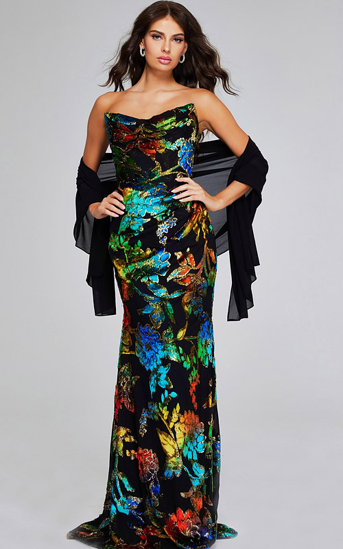 Model wearing Jovani 42164 multi-color gown with elegant floral patterns, front view.
