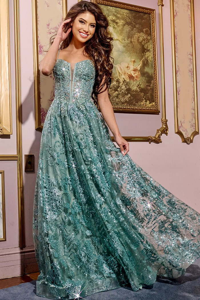 Model wearing Jovani 42199 green gown with sweetheart neckline and sequin embellishments