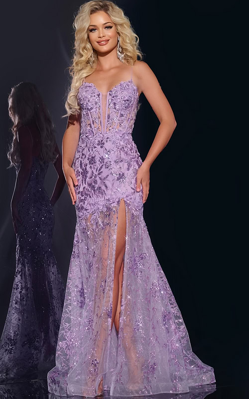 Model wearing Jovani 42203 lilac gown with a high slit and floral sequined details from the front.