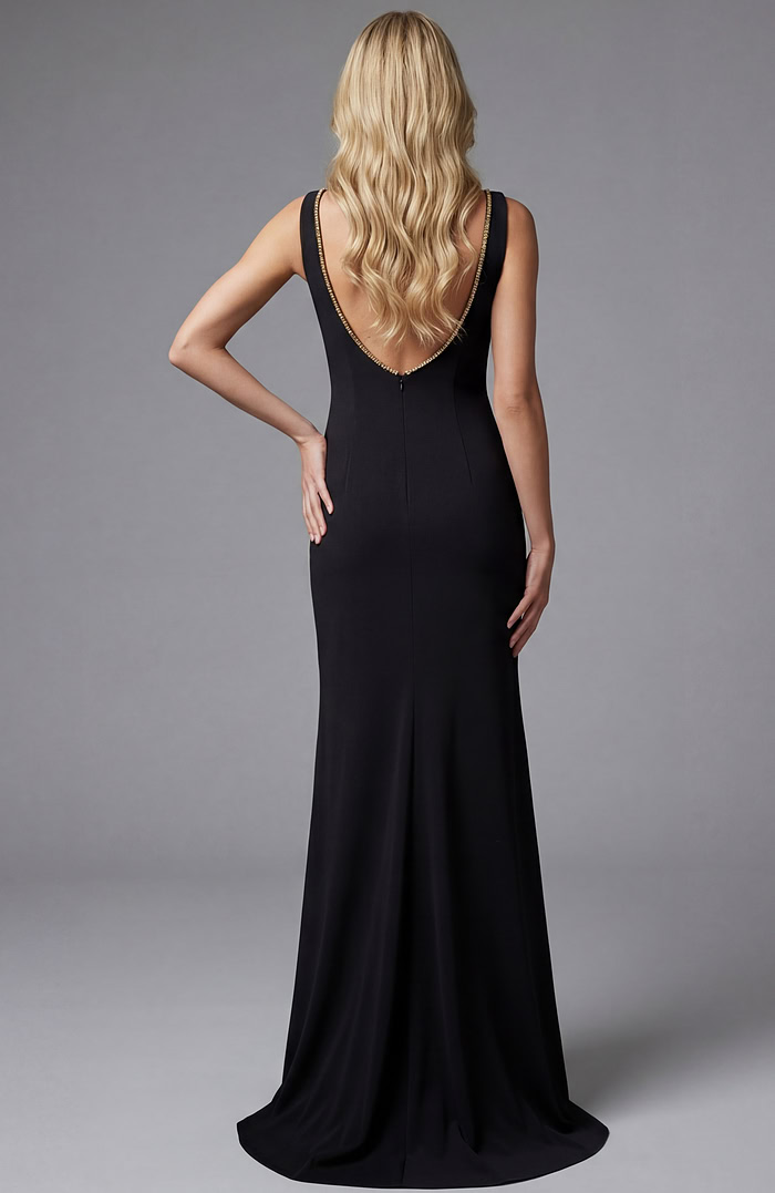 black gown with low back and clean silhouette