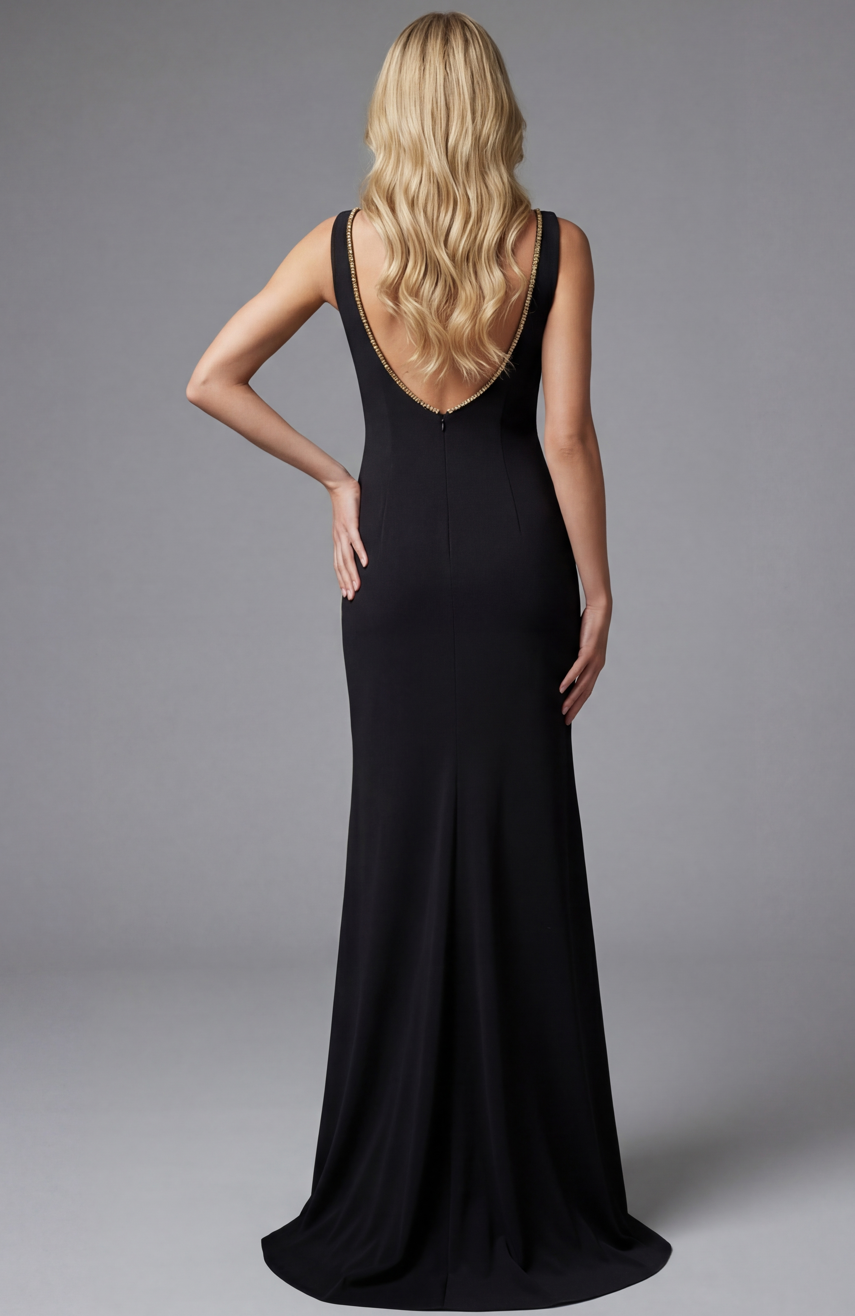 black gown with low back and clean silhouette