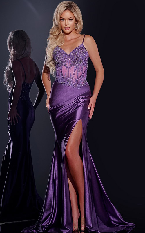 model wearing Jovani 42259 purple gown with sweetheart neckline and high slit