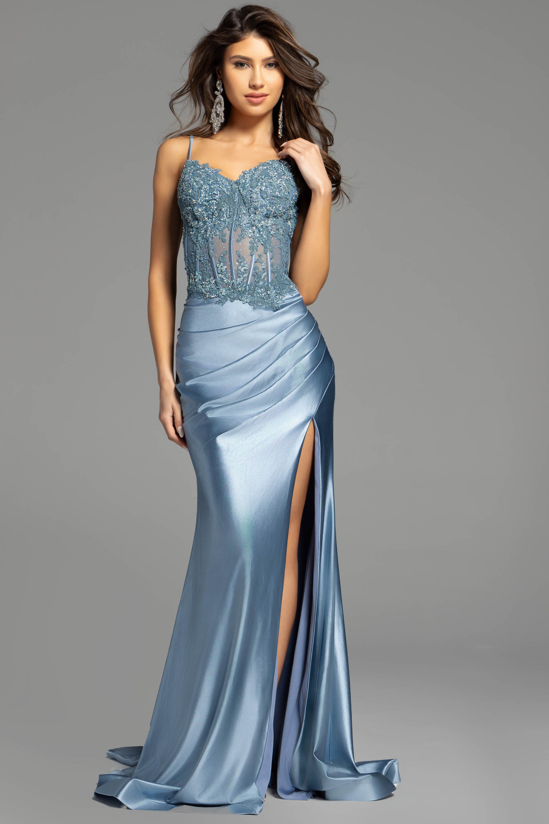 corset bodice and ruched skirt high slit dress 42259