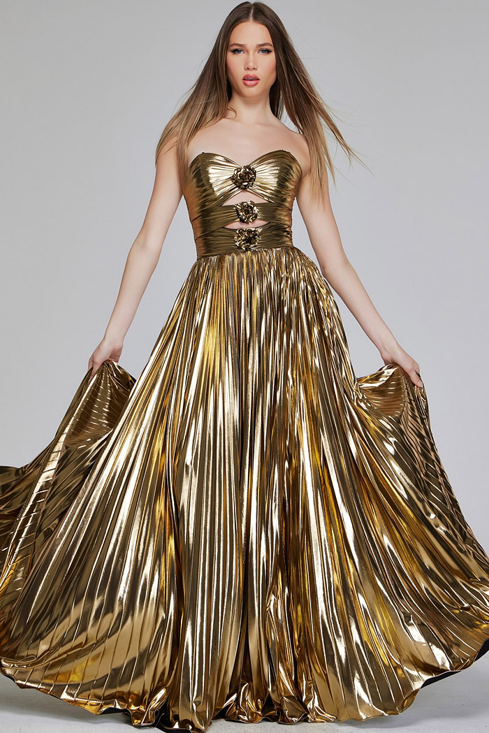 Model wearing Jovani 42335 gold gown with sweetheart neckline and floral accents, front view.