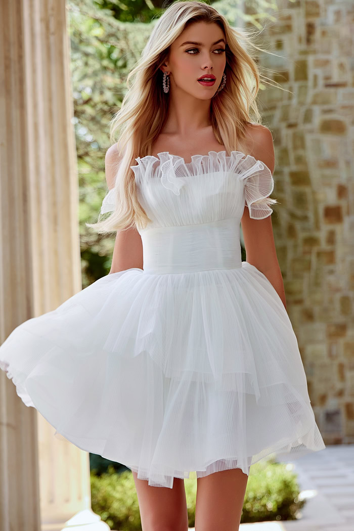 ruffled neckline tulle short wedding dress 42340