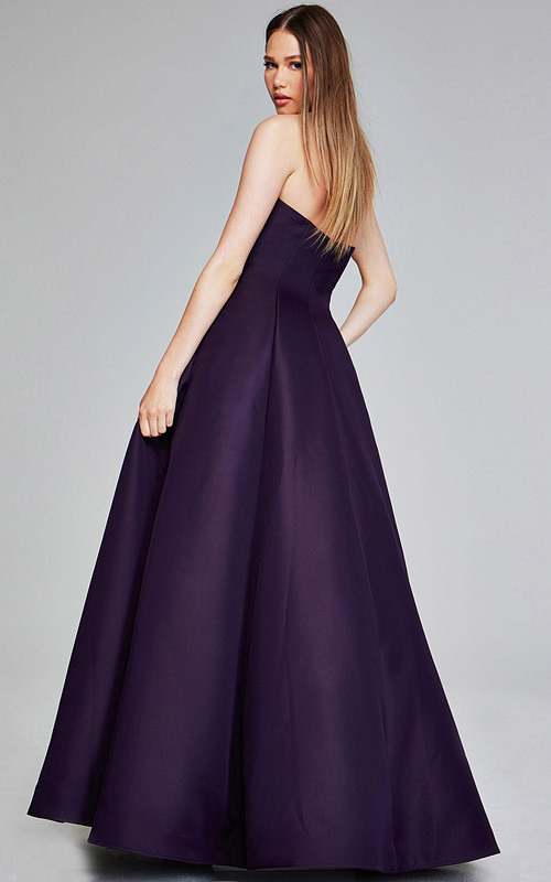 Model wearing Jovani 42347 purple strapless A-line evening gown, back view