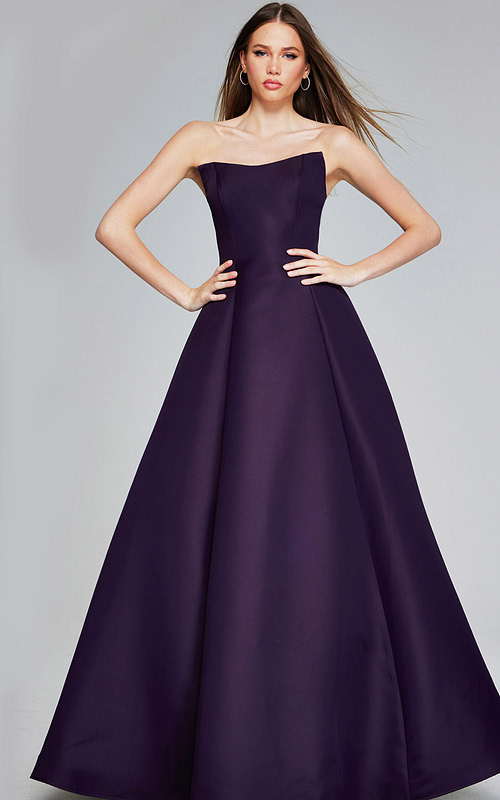 Model wearing Jovani 42347 purple strapless A-line evening gown, front view