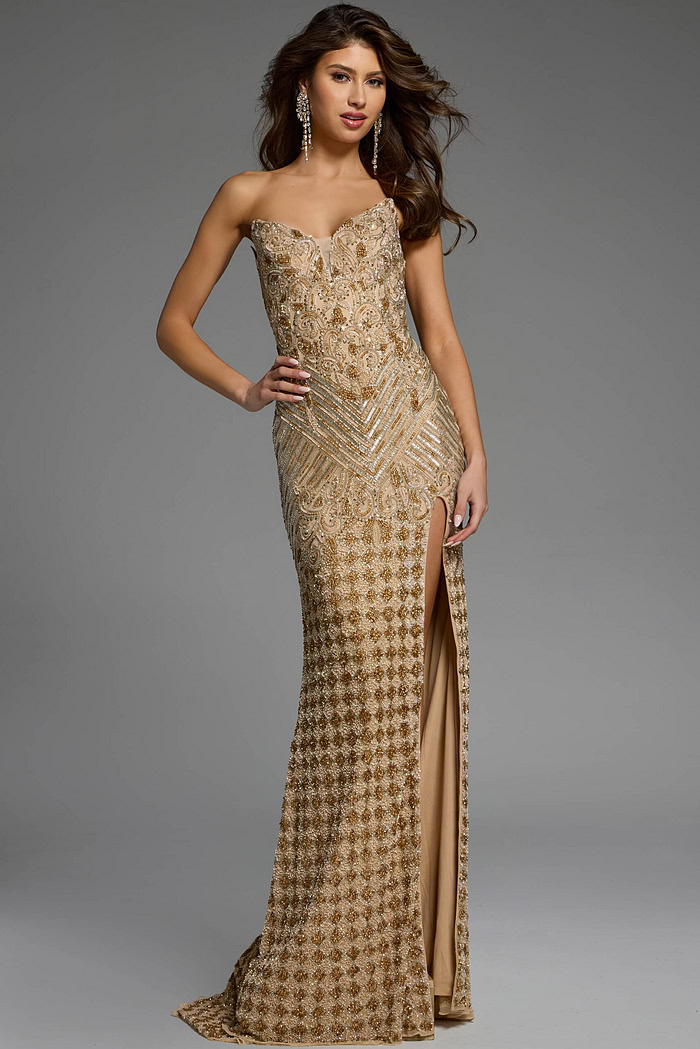 v neckline beige beaded prom dress 42412