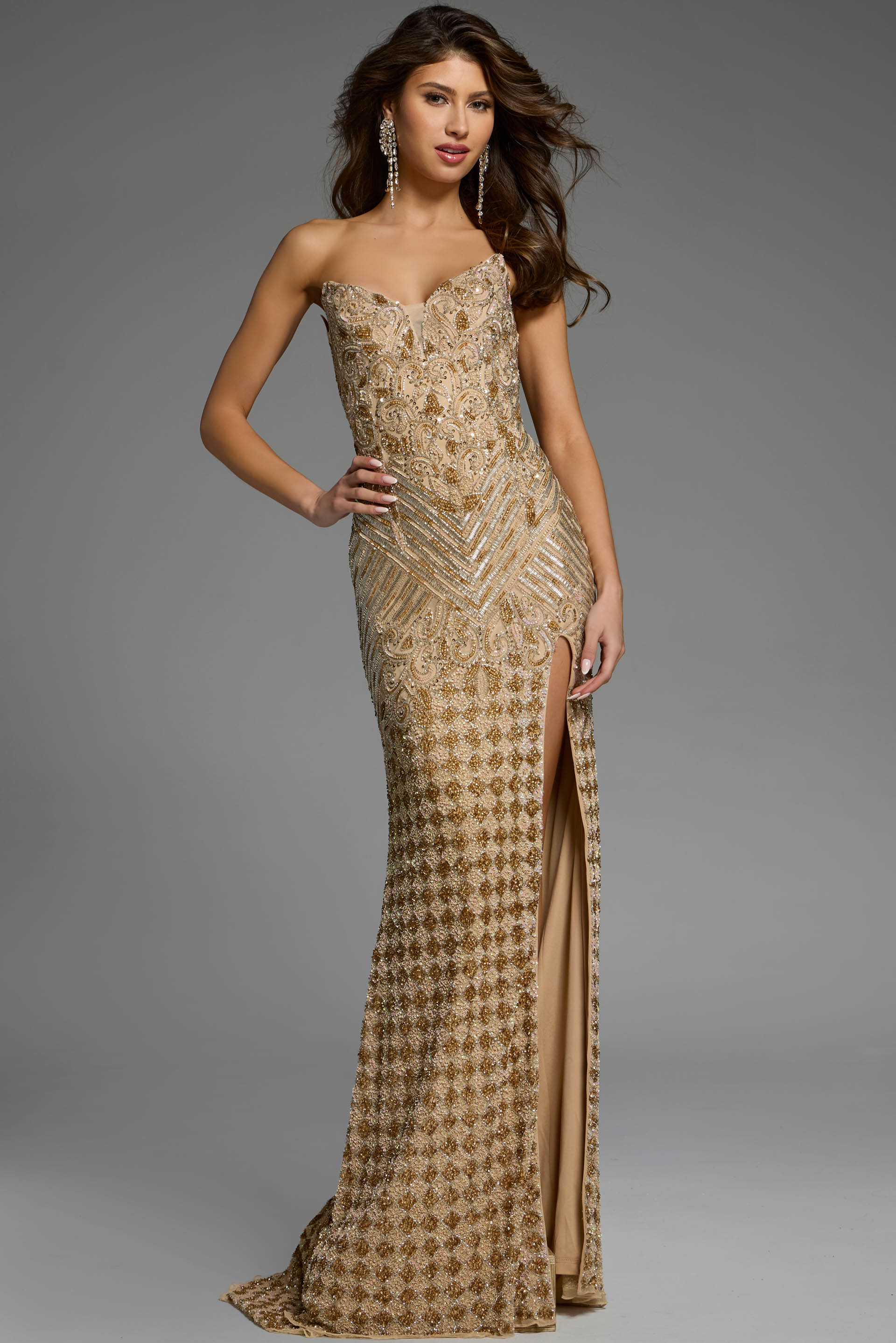 v neckline beige beaded prom dress 42412
