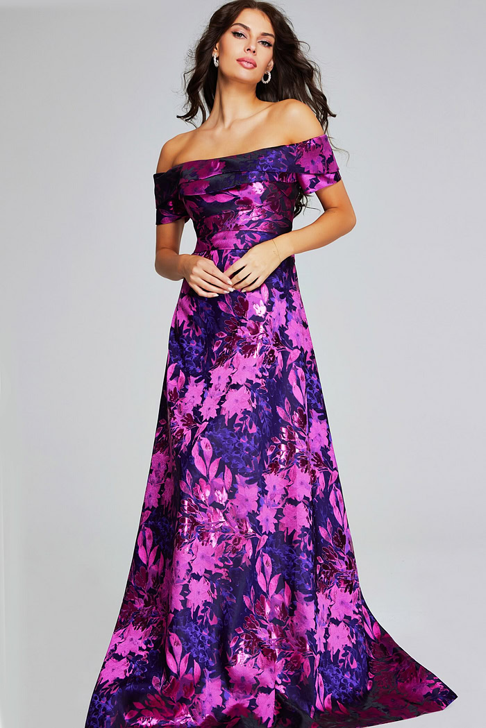 Model wearing Jovani 42506 bold fuchsia floral A-line dress.