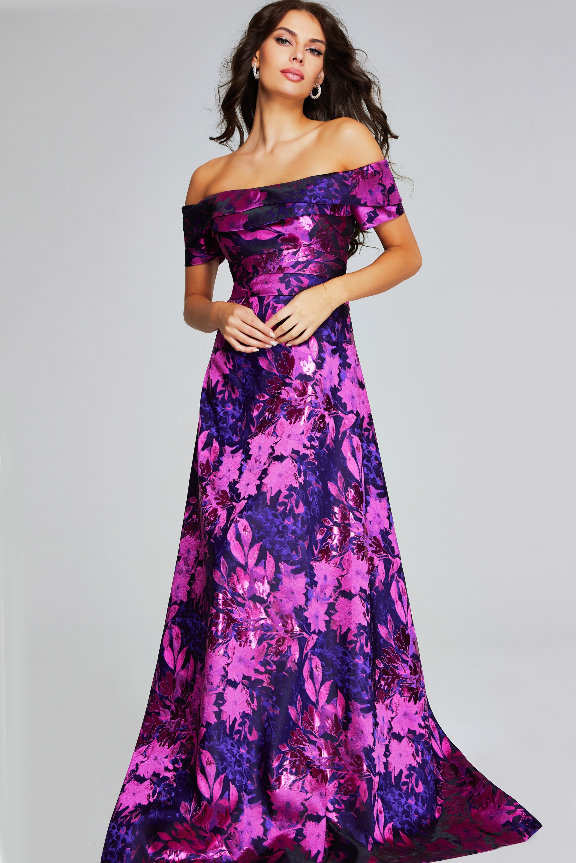 Model wearing Jovani 42506 bold fuchsia floral A-line dress.