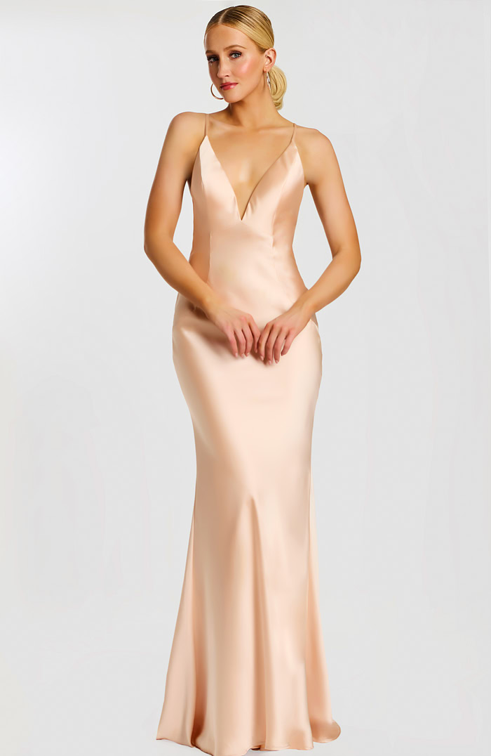 Sleek satin blush gown with deep V-neck and spaghetti straps