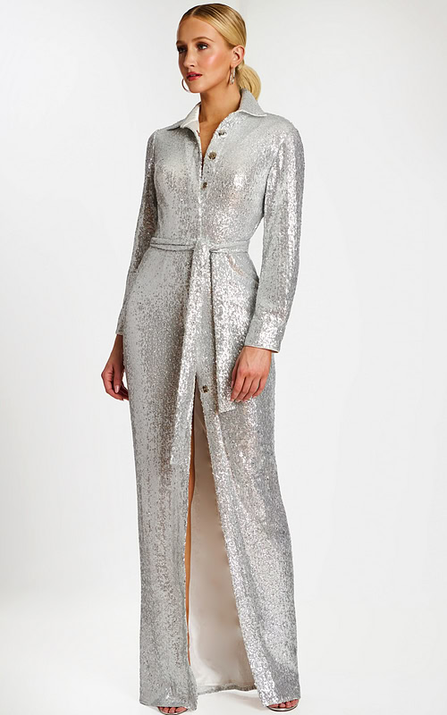 Silver Sequin Shirt Collar Gown With Waist Tie and Slit