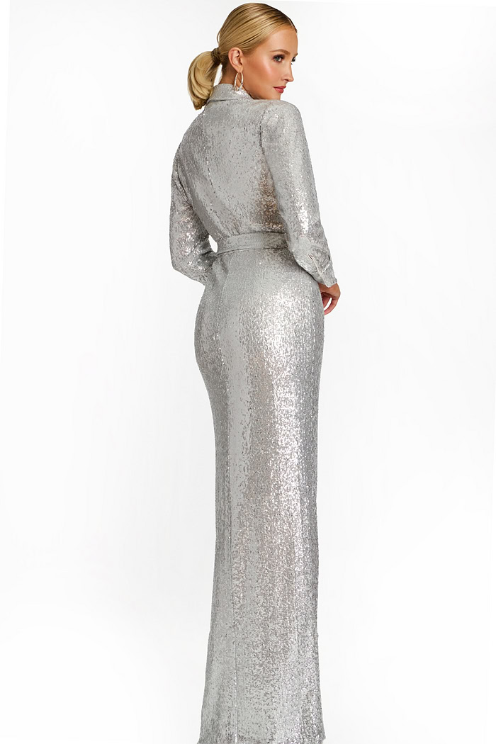 Side Angle of Silver Sequin Gown Showing Slit and Belt
