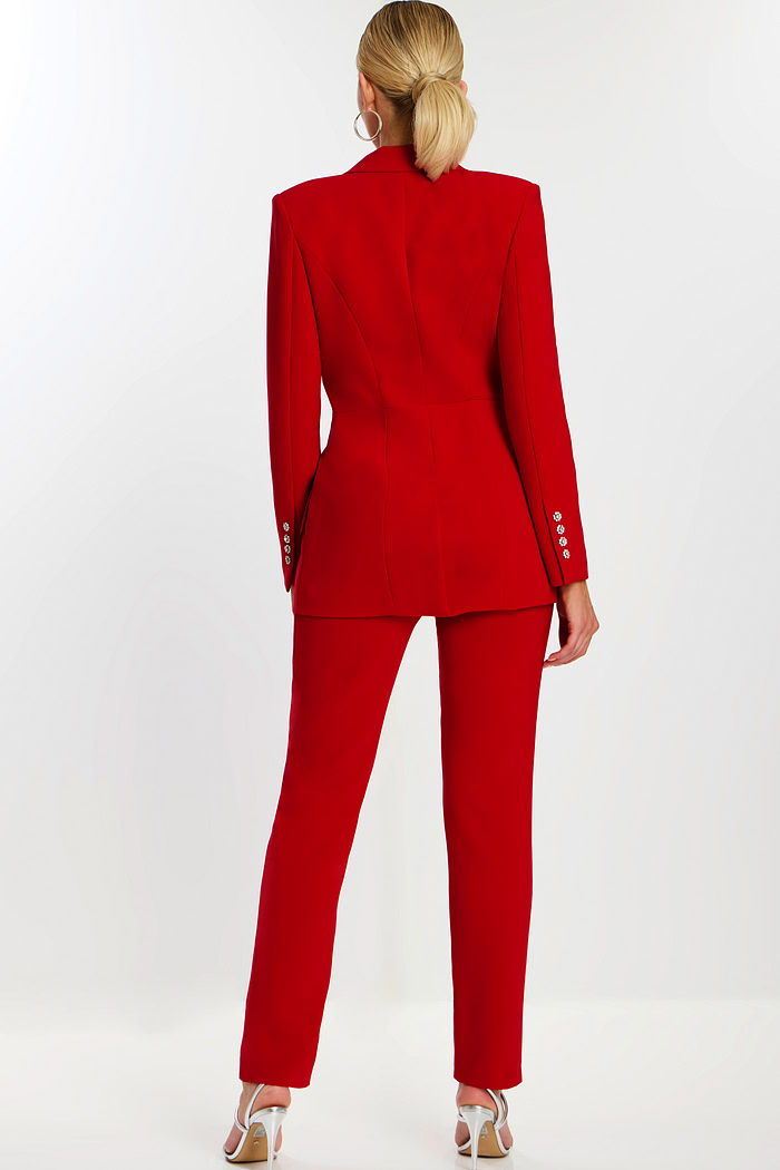 Back view of tailored red blazer and pants